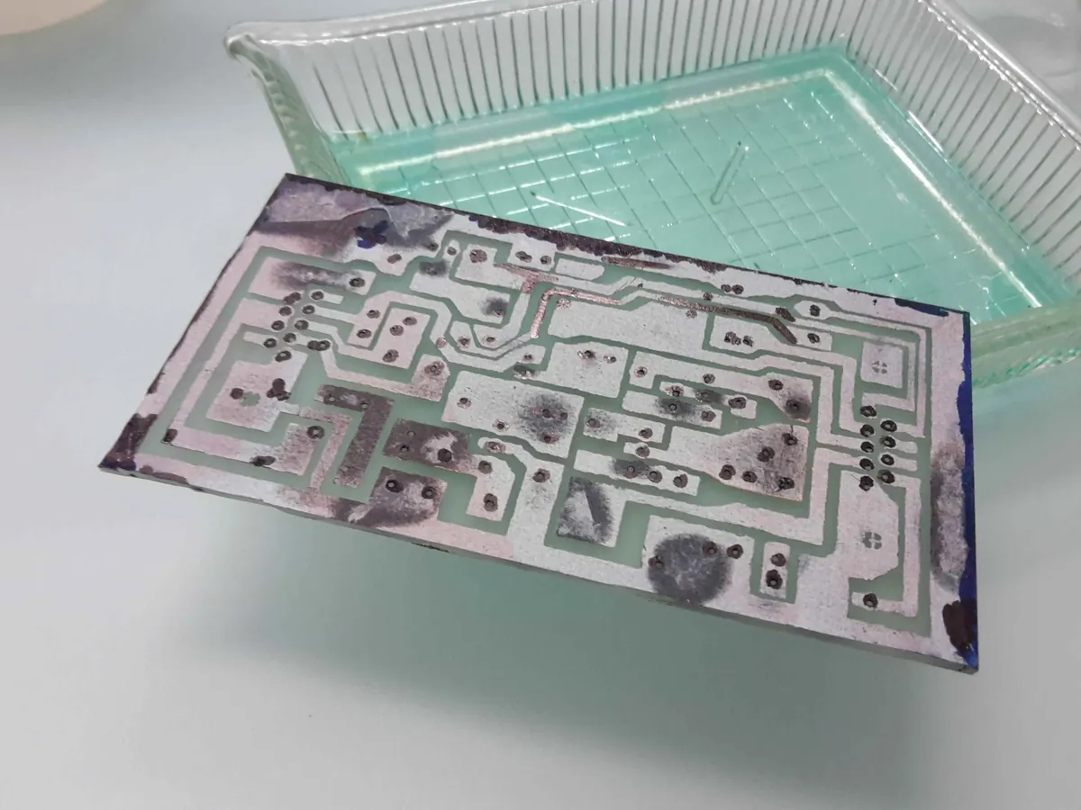 Close-up of a circuit board after manual etching